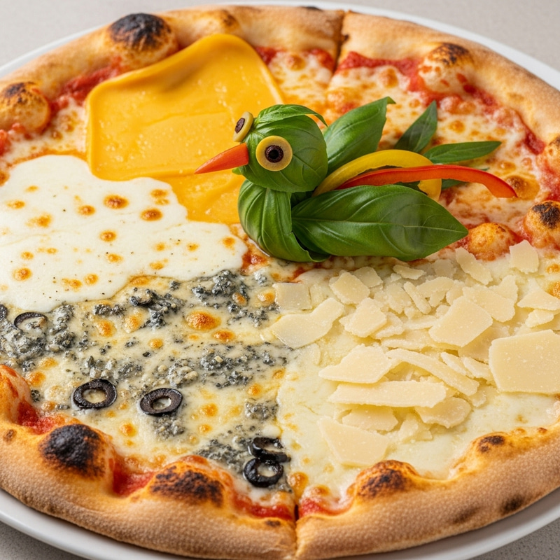 Mouthwatering Four-Cheese Pizza with Bird-Shaped Garnish