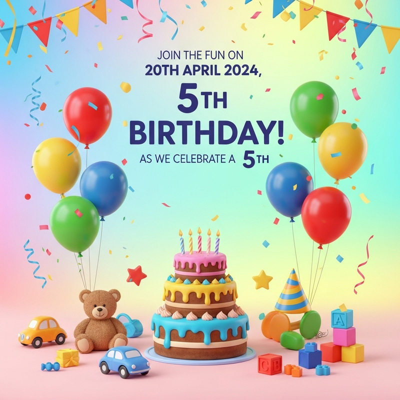 Festive 5th Birthday Invitation | Toy & Cake Fun on 20th April 2024