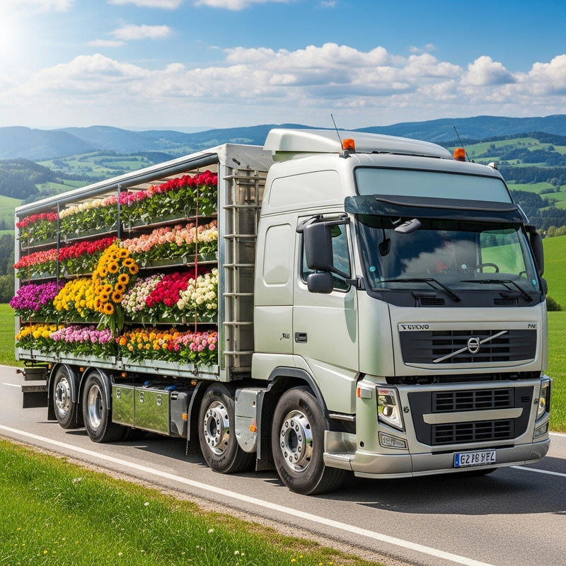 Colorful Flowers Laden Volvo Truck | Tranquil Countryside Scene Colorful Flowers Laden Volvo Truck | Tranquil Countryside Scene