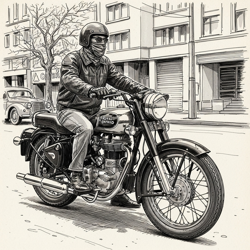 Dynamic Royal Enfield Biker Illustration - Urban Street Scene Dynamic Royal Enfield Biker Illustration - Urban Street Scene