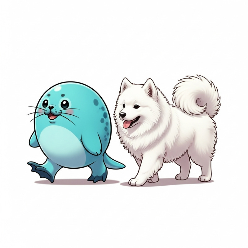 Joyful Spheal and Samoyed Stroll | Adorable Friendship Scene Joyful Spheal and Samoyed Stroll | Adorable Friendship Scene