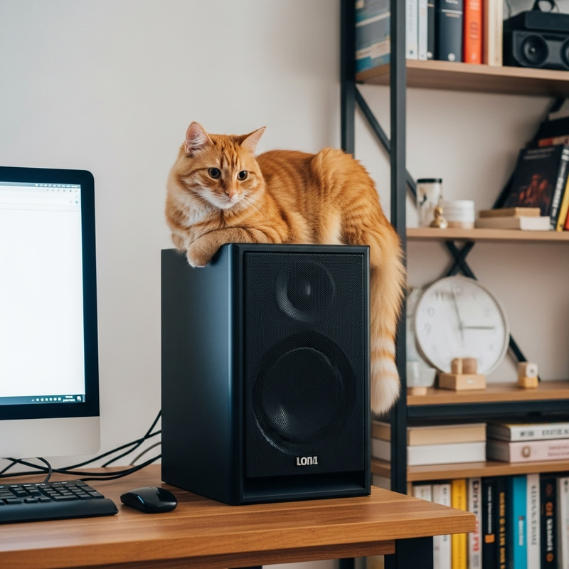 Curious Cat perched on PC Speaker
