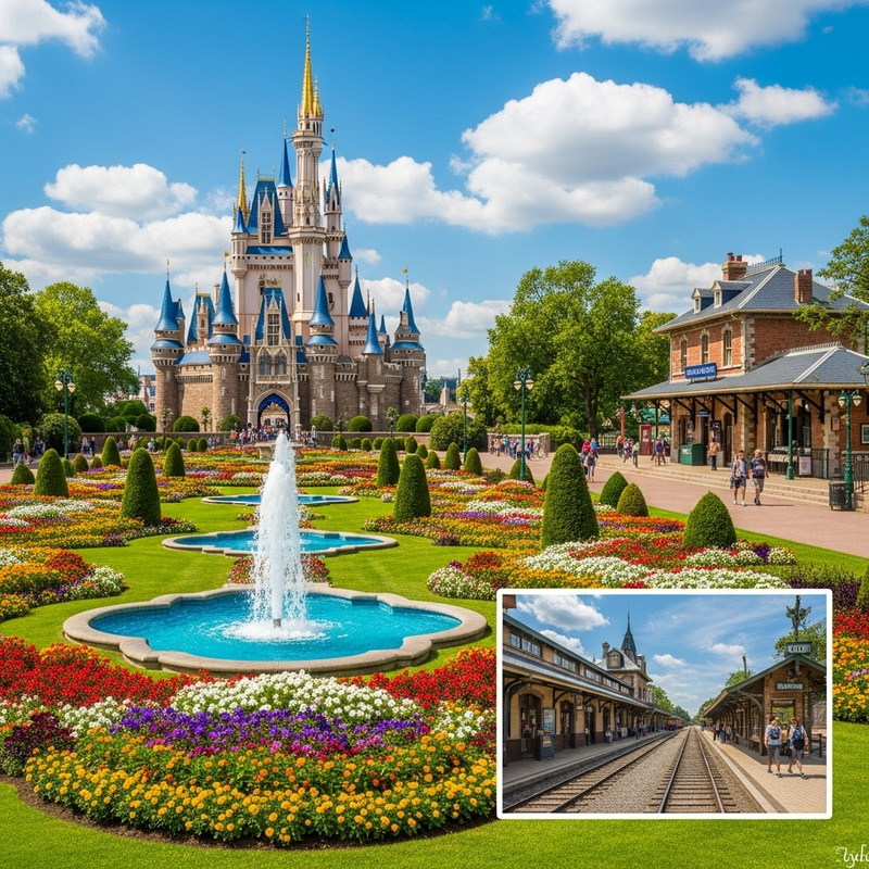 Majestic Castle Garden with Vibrant Flowers, Fountain, and Railway