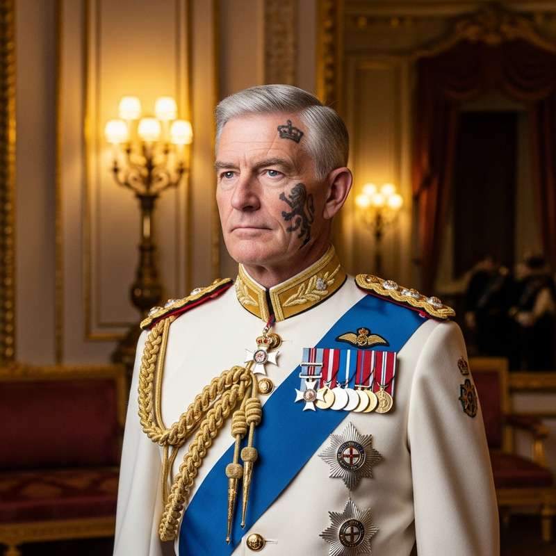 Prince Charles Portrait with Bold Face Tattoo
