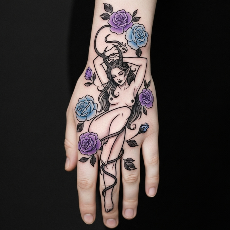 Elegant Female Demon Tattoo with Flowers Elegant Female Demon Tattoo with Flowers