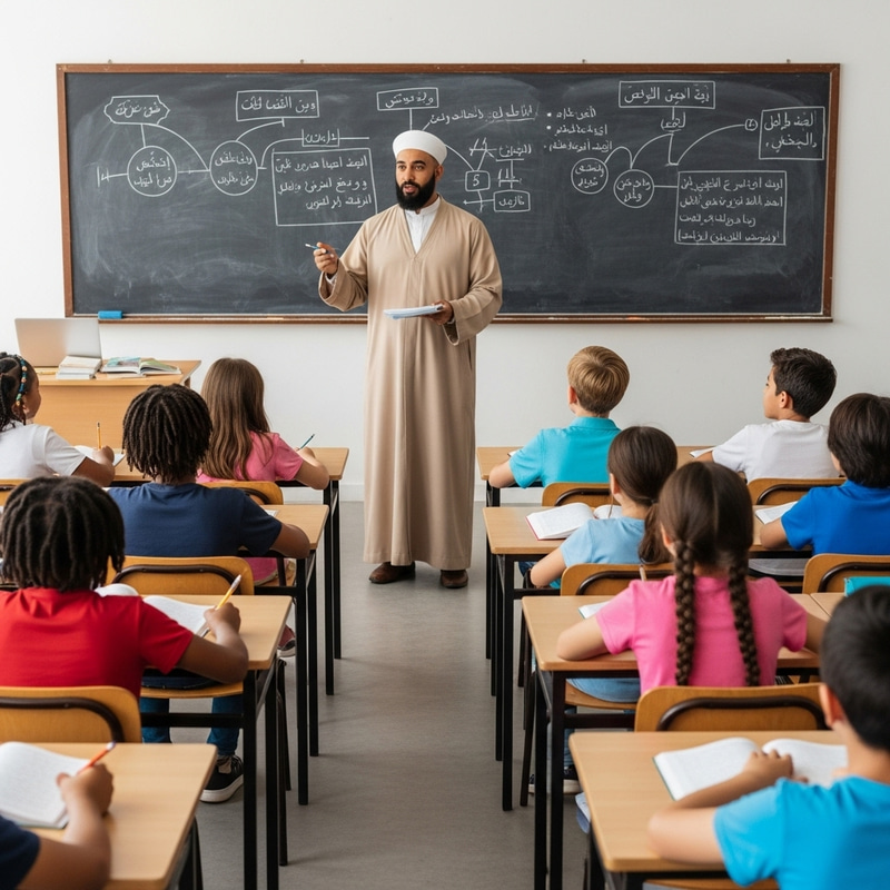Ustadz Teaching in Classroom to Diverse Group of Students Ustadz Teaching in Classroom to Diverse Group of Students