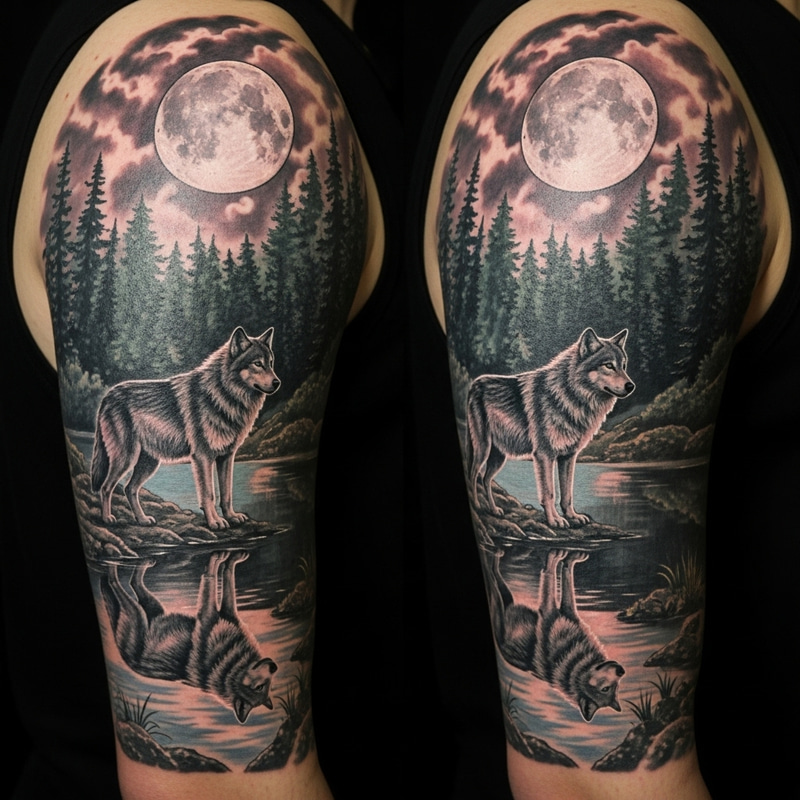 Majestic Wolf Tattoo in Moonlit Forest with Reflection Majestic Wolf Tattoo in Moonlit Forest with Reflection