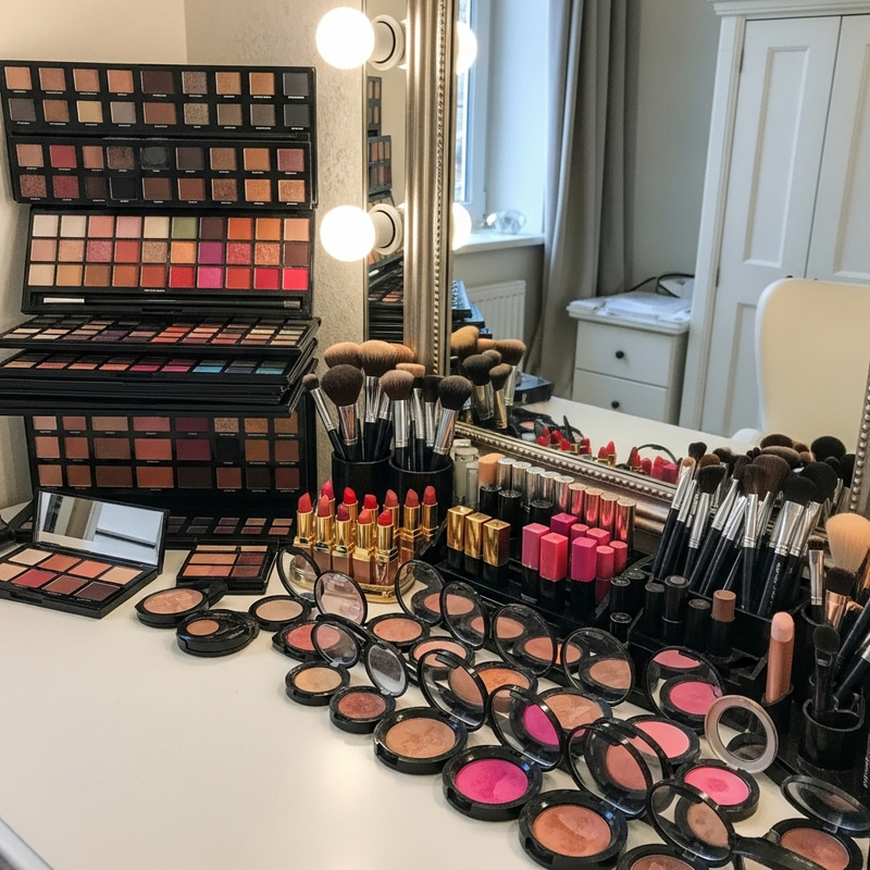 Gracefully Designed Makeup Vanity with Eyeshadow Palettes, Lipsticks & Brushes Gracefully Designed Makeup Vanity with Eyeshadow Palettes, Lipsticks & Brushes
