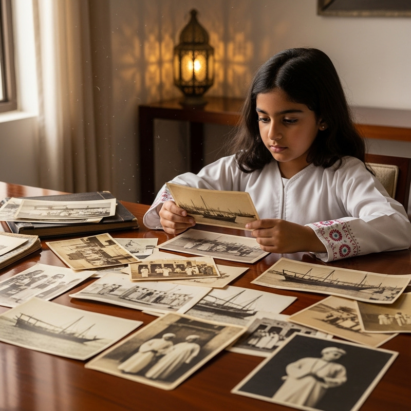 Qatari Girl Viewing Vintage Photos Qatari Girl Viewing Vintage Photos