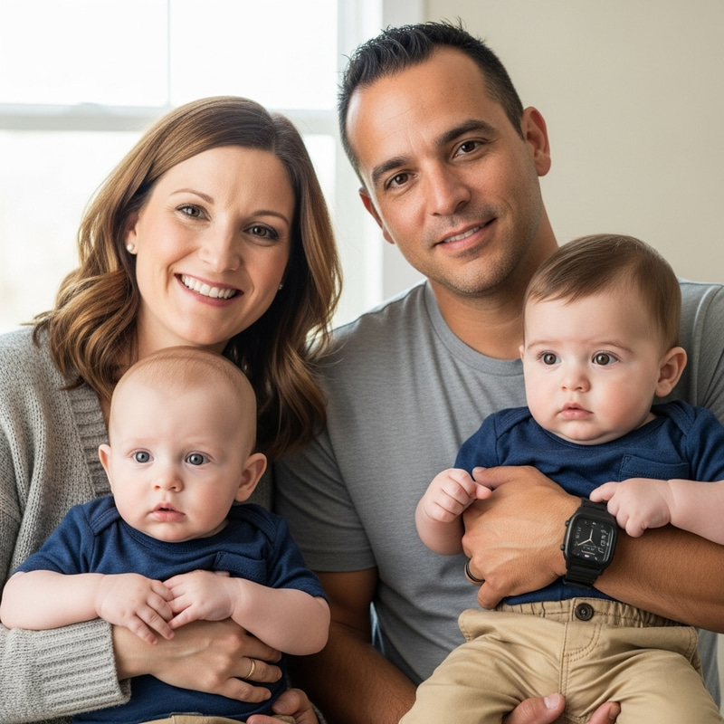 Heartwarming Family Scene: Mother, Father, and Two 1-Year-Old Boys Heartwarming Family Scene: Mother, Father, and Two 1-Year-Old Boys