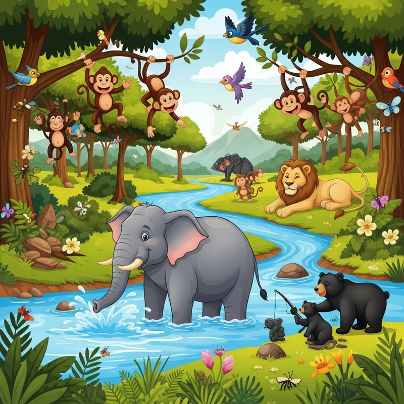 Cartoon Animals in a Balanced Ecosystem Cartoon Animals in a Balanced Ecosystem