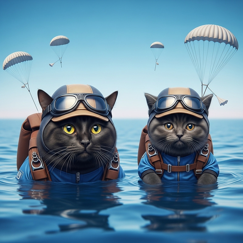 Realistic Black Cats Skydiving in Blue Sea - High-Resolution Image Realistic Black Cats Skydiving in Blue Sea - High-Resolution Image
