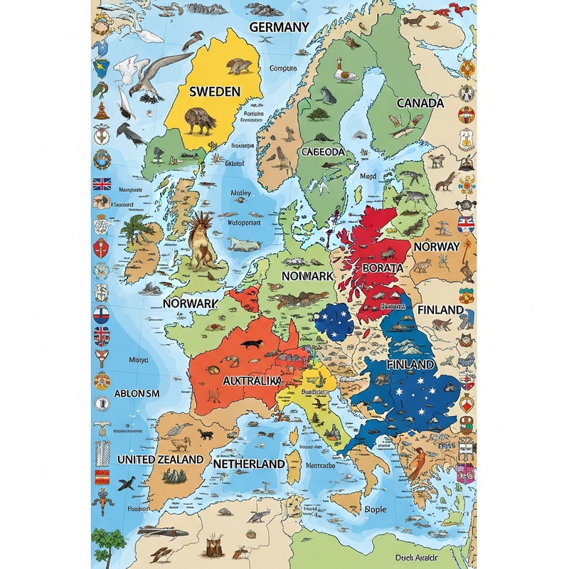 Educational Map Featuring Sweden, Germany, Canada & More