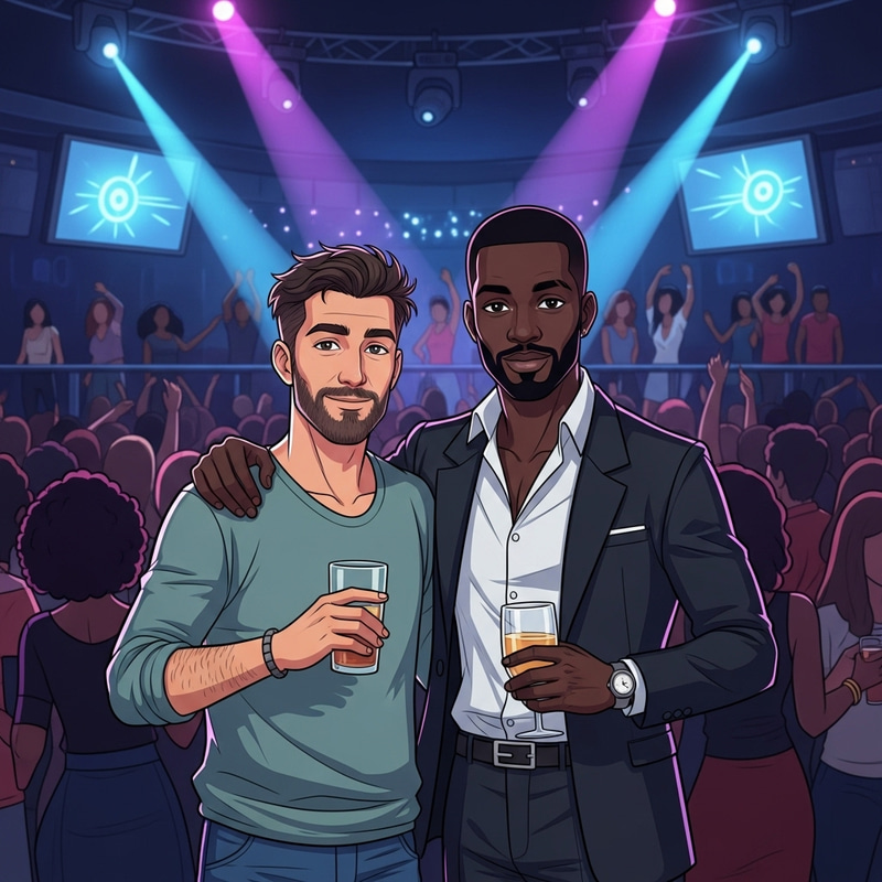 Stylish Men in a Vibrant Nightclub with Drake Stylish Men in a Vibrant Nightclub with Drake