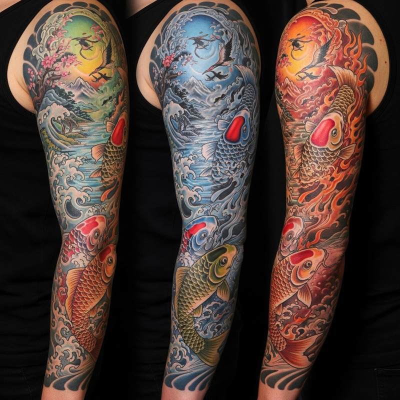 Hyperrealistic Japanese Tattoo of Four Elements