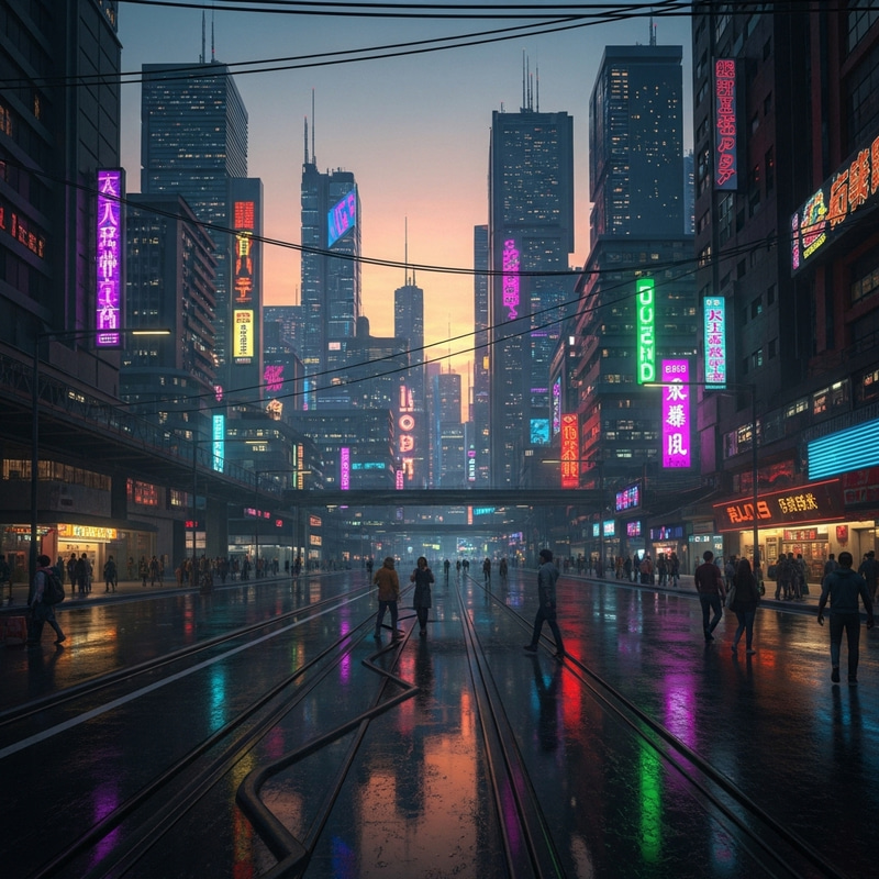 Neon Cyberpunk Cityscape at Sunset - Vibrant Streets Neon Cyberpunk Cityscape at Sunset - Vibrant Streets