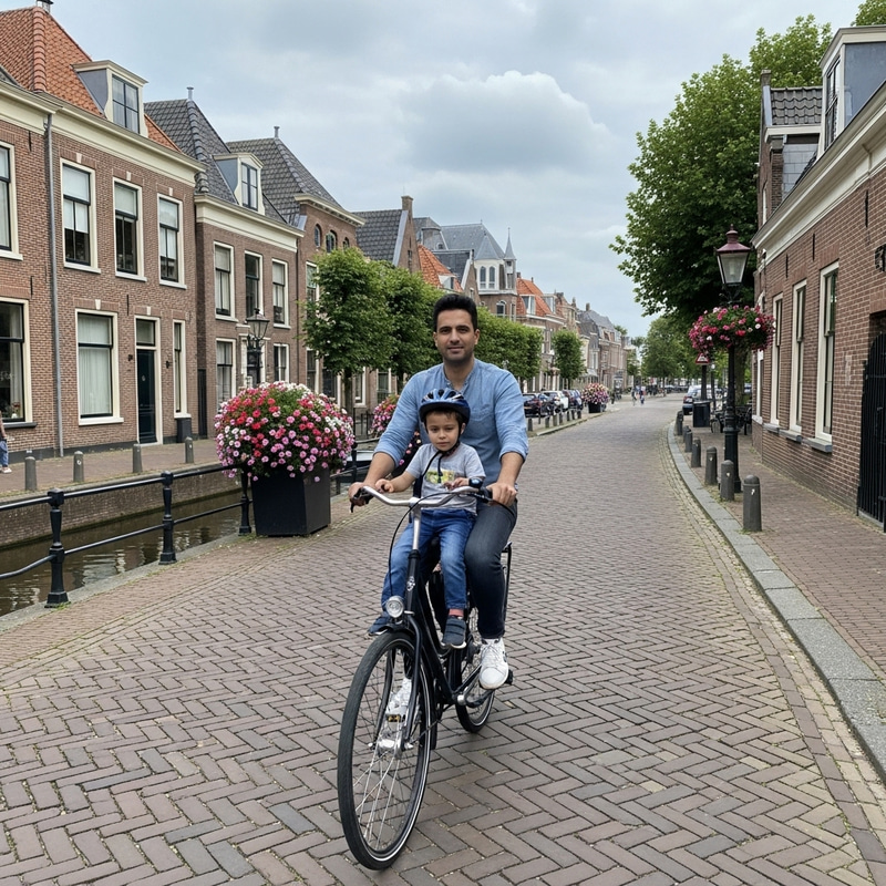 Father and Son Cycling in Charming Delft, A Beautiful Scene