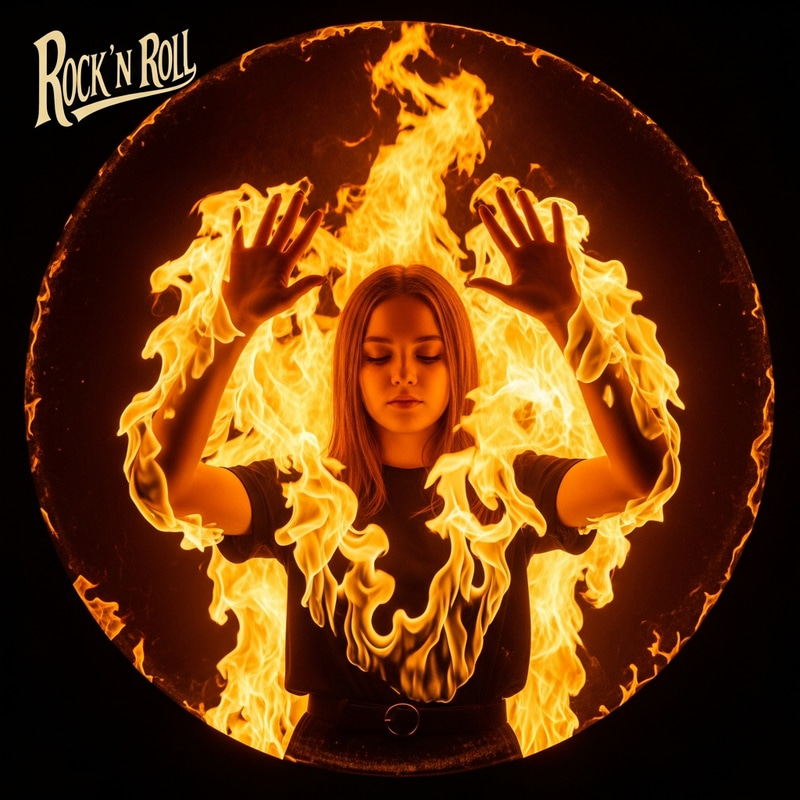 Captivating Flames: Vintage Album Cover with Fiery Girl Captivating Flames: Vintage Album Cover with Fiery Girl