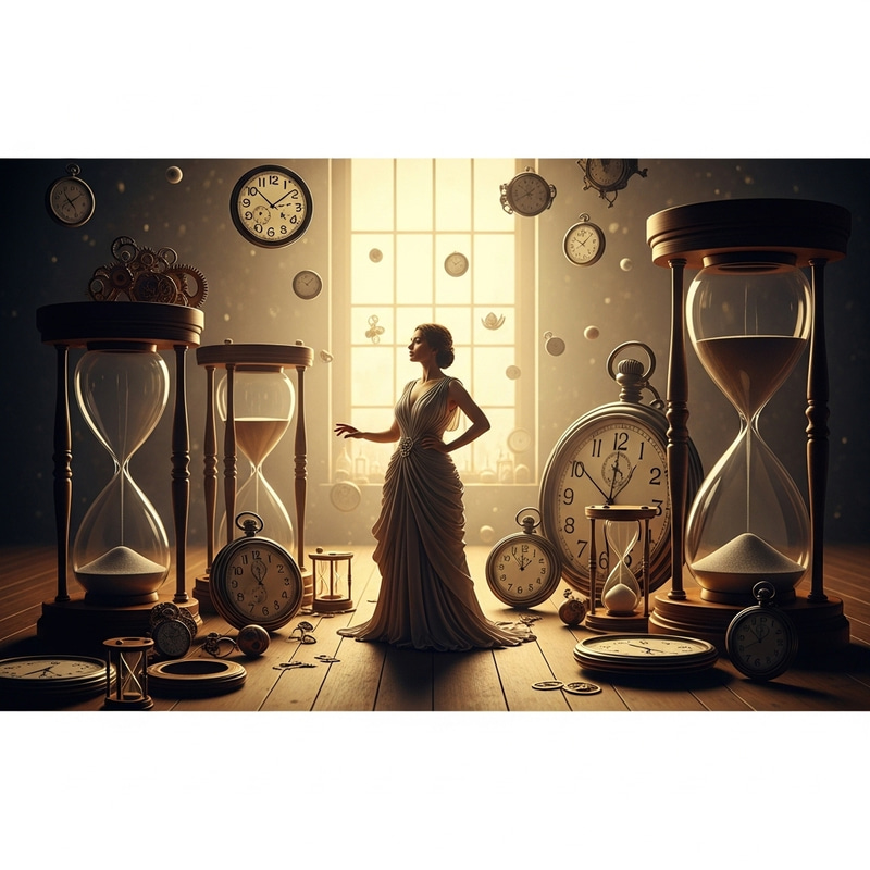 Timeless Beauty: Woman Amongst Clocks in Ethereal Dreamscape