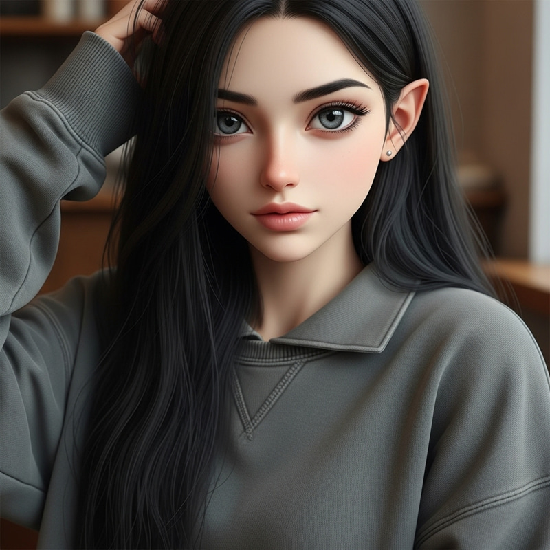 19-Year-Old Girl with Long Black Hair, Gray Eyes, and Oversized Plain Sweatshirt 19-Year-Old Girl with Long Black Hair, Gray Eyes, and Oversized Plain Sweatshirt
