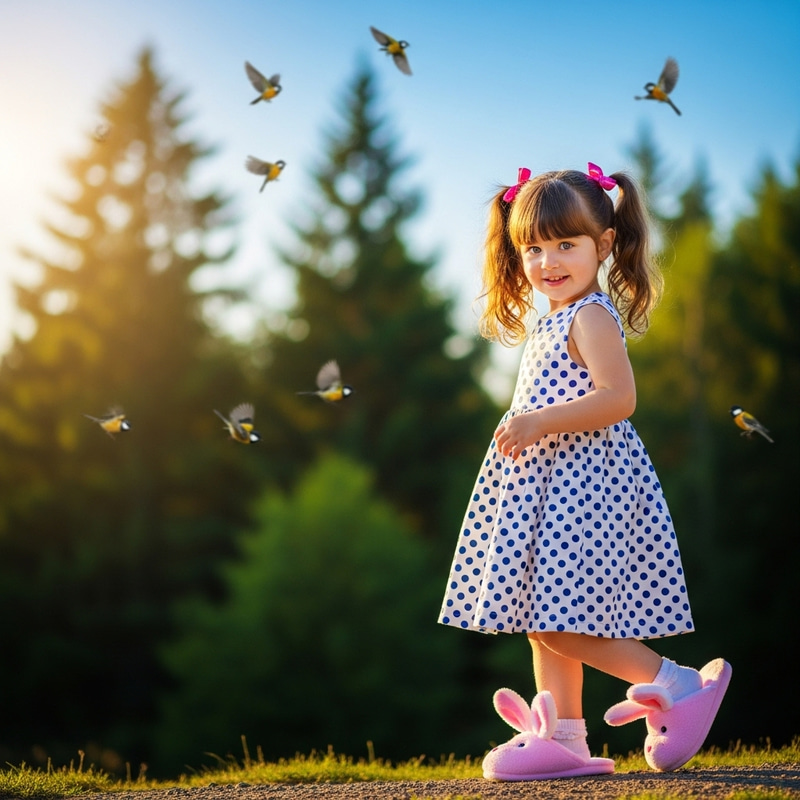 Cute Young Girl with Bright Eyes in Polka-dot Dress