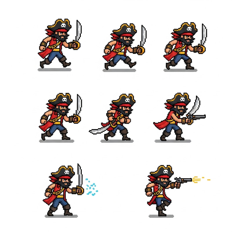 Pixel Art Pirate Character Animations: Movement, Slow-motion, Special Action Pixel Art Pirate Character Animations: Movement, Slow-motion, Special Action