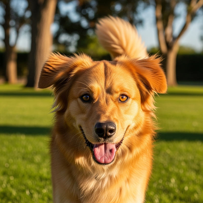 Fluffy Golden Dog with Amber Eyes - A Playful Companion