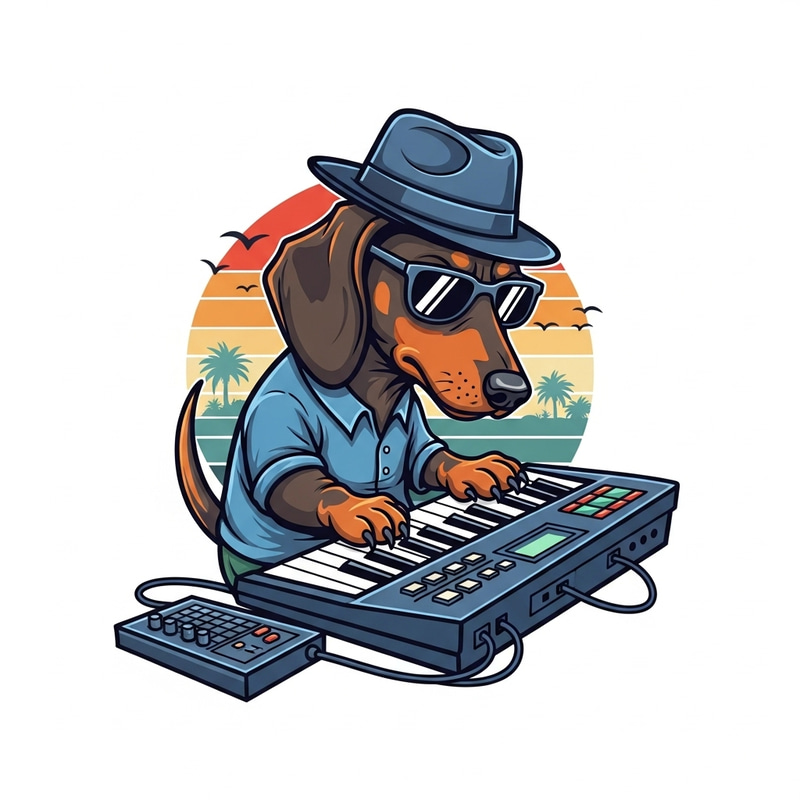 Cartoon Dachshund Musician Vector Art in Vintage Sunset Cartoon Dachshund Musician Vector Art in Vintage Sunset