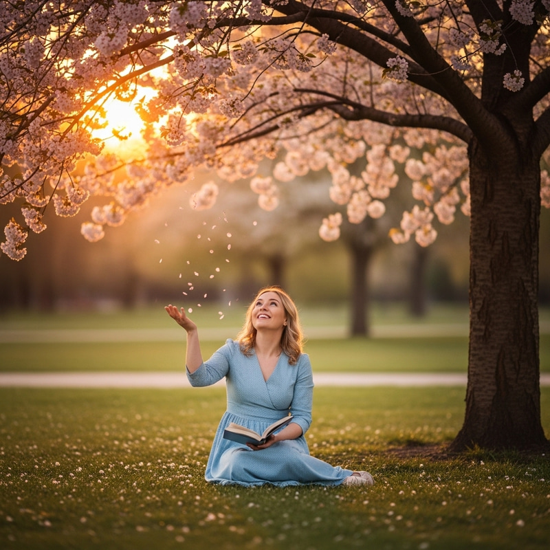 Happy and Healthy Woman in a Cherry Blossom Park Happy and Healthy Woman in a Cherry Blossom Park