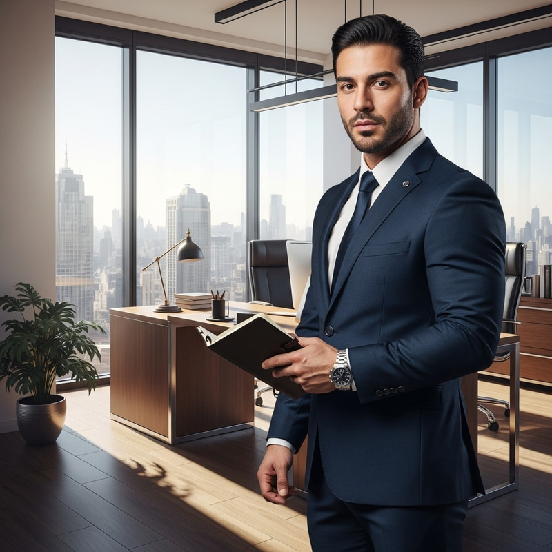 Muscular Hispanic Businessman in Sleek Modern Office