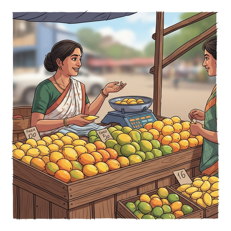 Vietnamese Woman Selling Mangoes at Outdoor Market