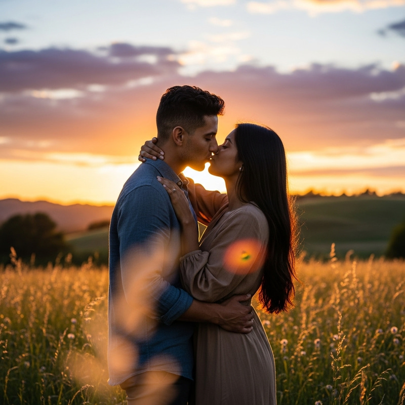 Intimate Sunset Kiss - Multicultural Couple