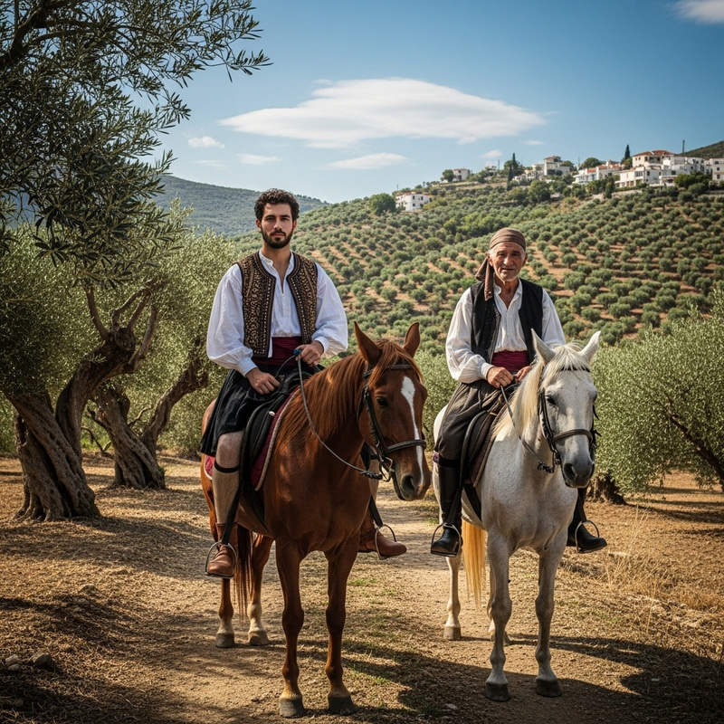 Father and Son Riding Horses in Greece Father and Son Riding Horses in Greece