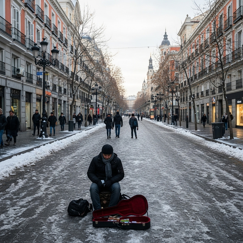 Winter Morning in Madrid City Center - Street Musician Scene