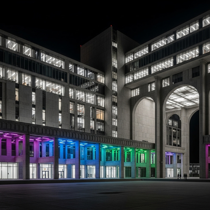 Futuristic Soviet Style Neon School at Night Futuristic Soviet Style Neon School at Night