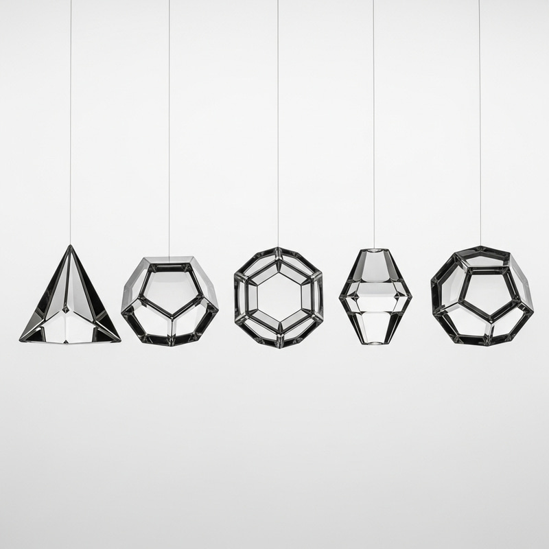 Geometric Glass Sculpture Installation: Suspended Tetrahedron, Hexahedron, Octahedron, Icosahedron & Dodecahedron Geometric Glass Sculpture Installation: Suspended Tetrahedron, Hexahedron, Octahedron, Icosahedron & Dodecahedron