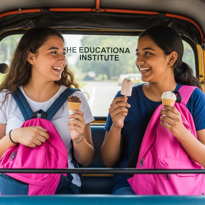Joyful Auto Rickshaw Journey with Pink Bags and Ice Creams