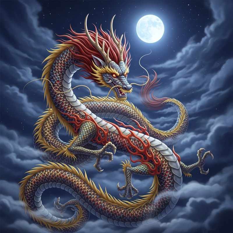 Asian Style Dragon in Moonlit Sky Asian Style Dragon in Moonlit Sky