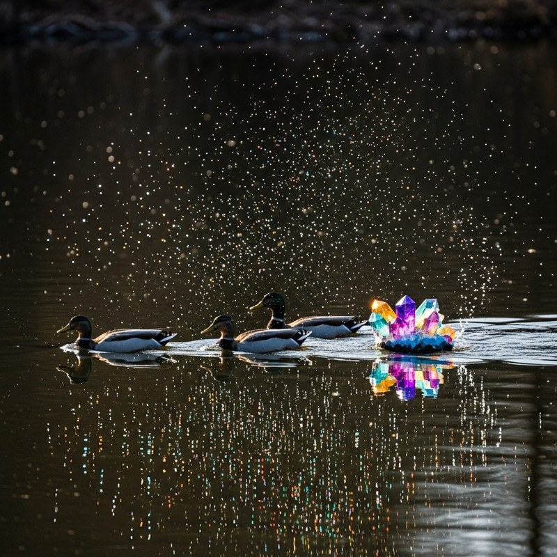 Ducks Swimming in Serene Pond Surrounded by Colorful Crystals and Sparkles Ducks Swimming in Serene Pond Surrounded by Colorful Crystals and Sparkles