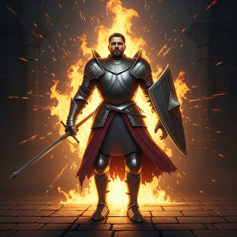 Hispanic Armored Knight Rising with Fire | Medieval Scene Hispanic Armored Knight Rising with Fire | Medieval Scene