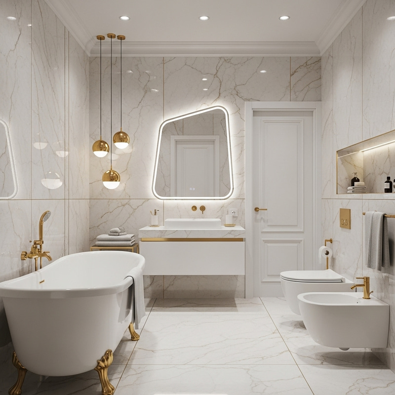 Luxurious Modern Bathroom with White Bathtub and Gold Accents