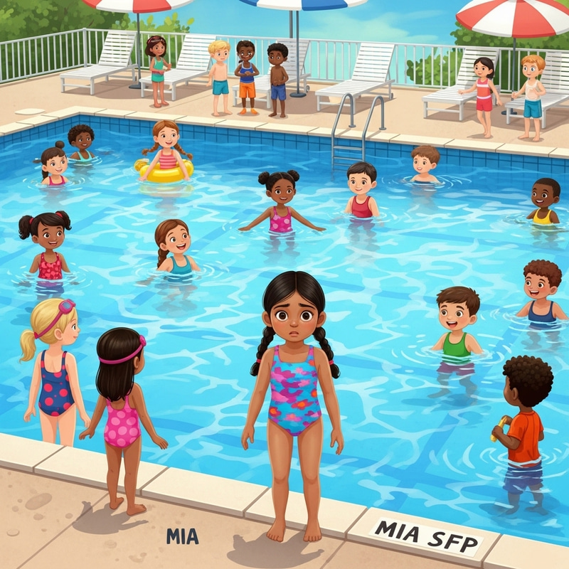 Mia's Hesitant Moment by the Vibrant Pool with Diverse Children