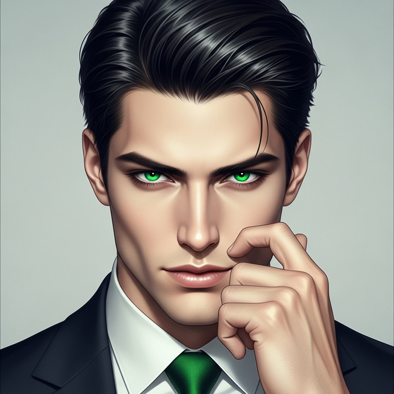 Visually Striking Man with Captivating Green Eyes and Sleek Black Hair