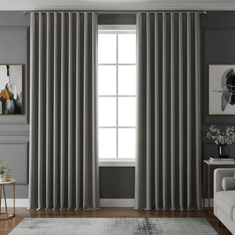 Stylish Gray Floor-Length Curtains: Bright Room Enhancement