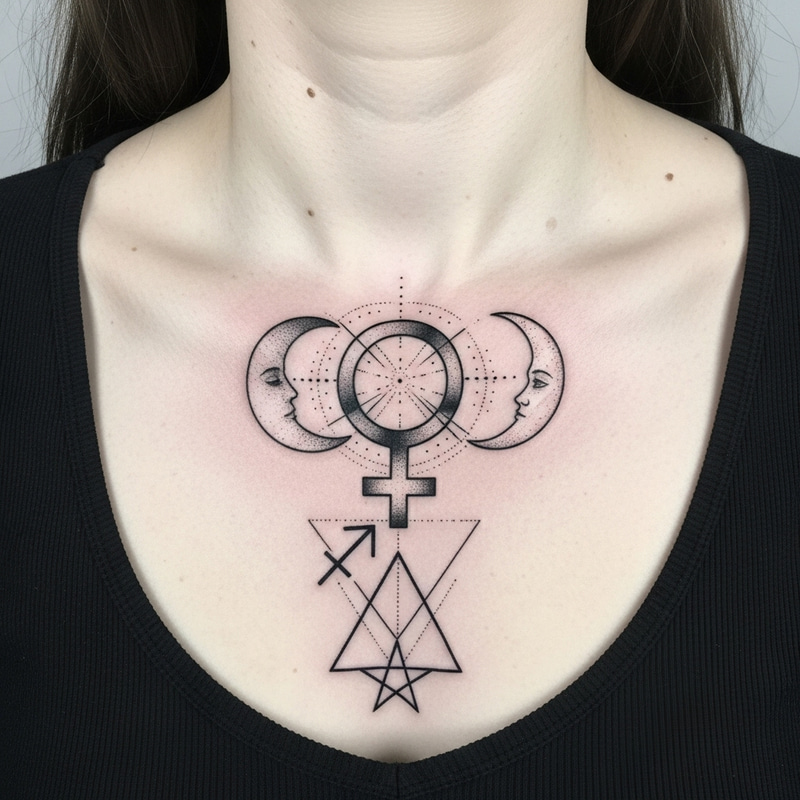 Elegant Tattoo Art on Woman's Chest - Female Symbols Elegant Tattoo Art on Woman's Chest - Female Symbols
