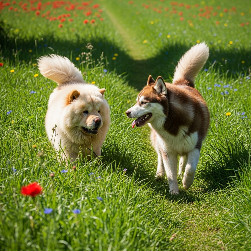 Chow Chow and Siberian Husky Playful Meadow Interaction Chow Chow and Siberian Husky Playful Meadow Interaction