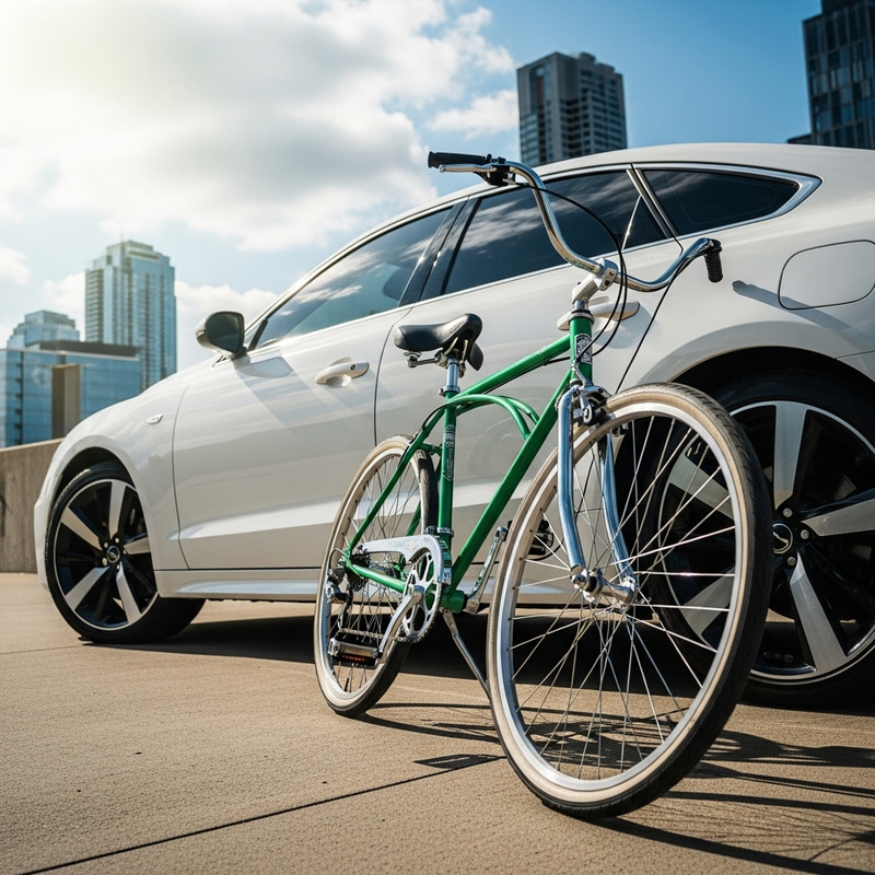 White Car & Green Bike in Urban Setting | Ethereal Vibe White Car & Green Bike in Urban Setting | Ethereal Vibe