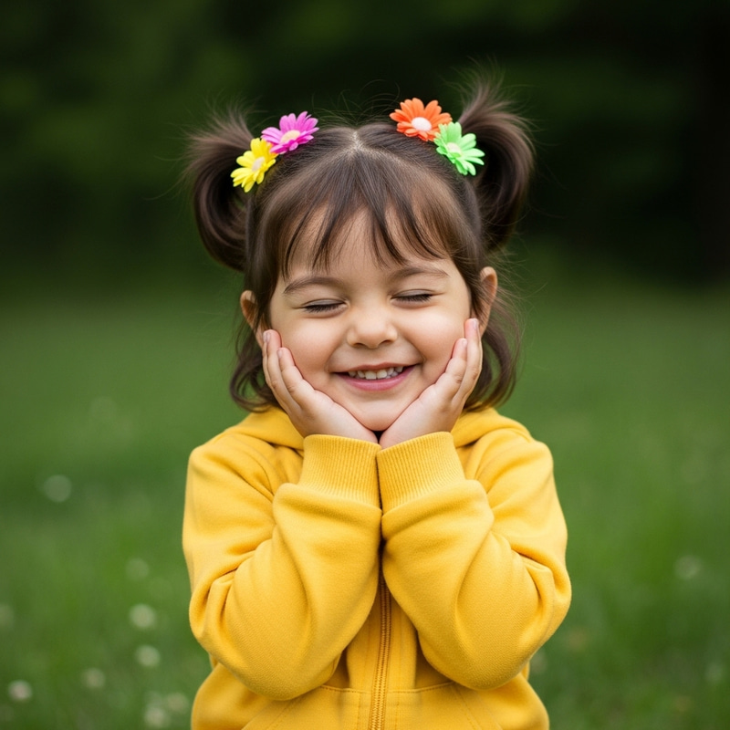 Adorable Brown-Haired Toddler in Yellow Tracksuit with Pigtails and Flower Clips