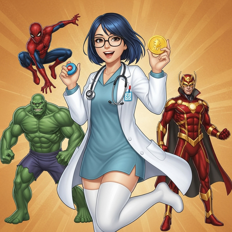 Anime Style Female Doctor with Blue Hair, Superheroes, and Bitcoin Anime Style Female Doctor with Blue Hair, Superheroes, and Bitcoin