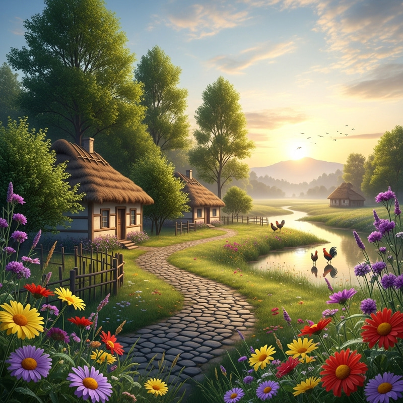 Tranquil Village Sunrise: Scenic Awakening Scene